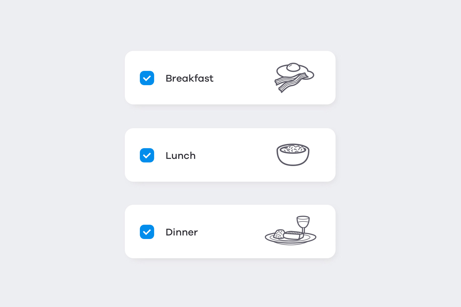 foodrush breakfast lunch dinner checkbox cards with icons