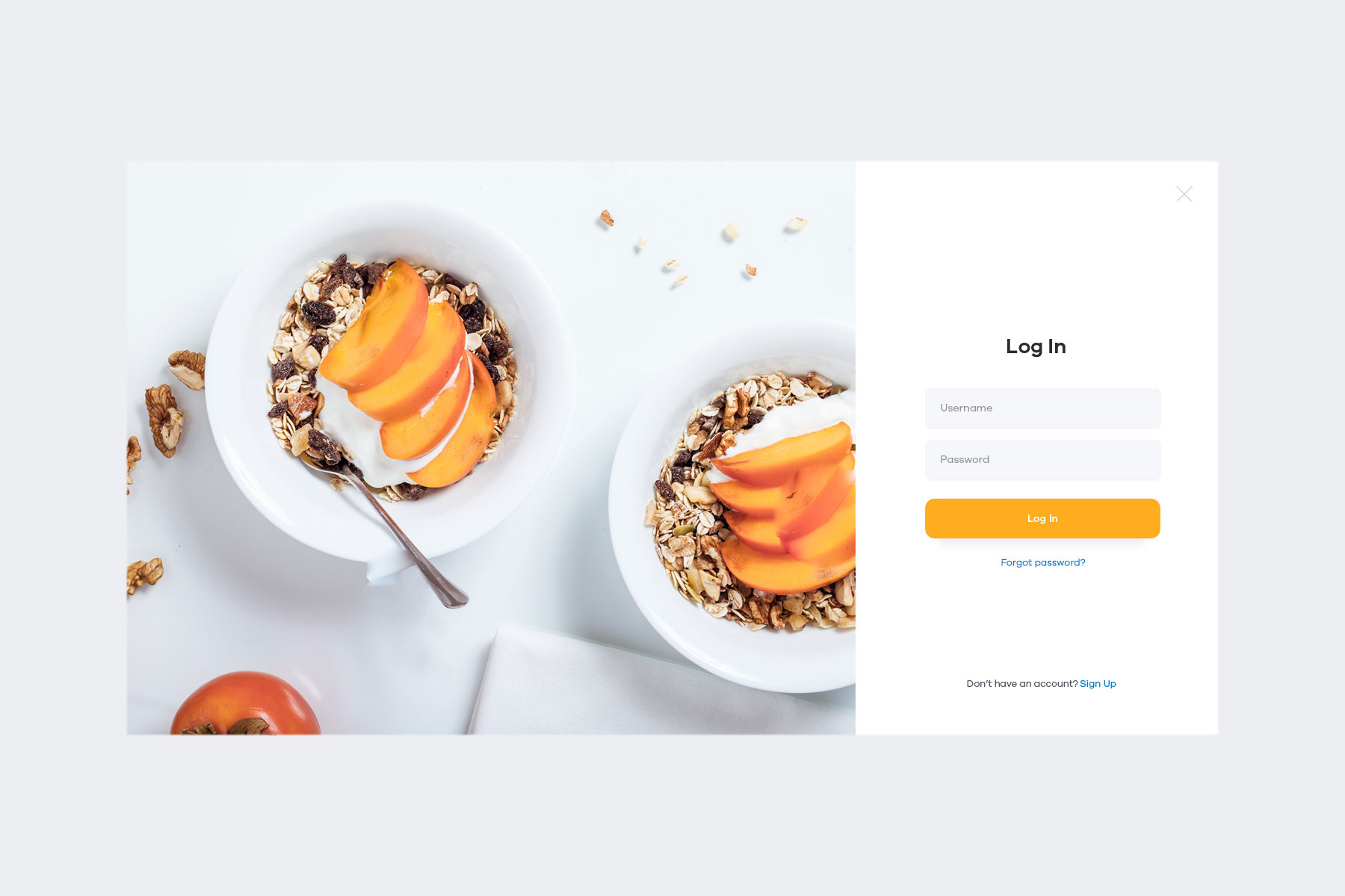 foodrush desktop login screen design showing bowls of meusli with yogurt and peach slices