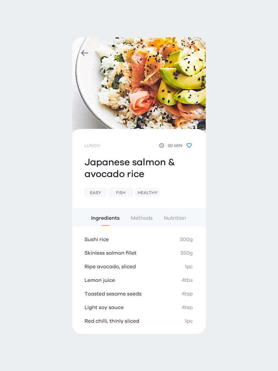 foodrush japanese salmon avocado rice recipe ingredients mobile screen design