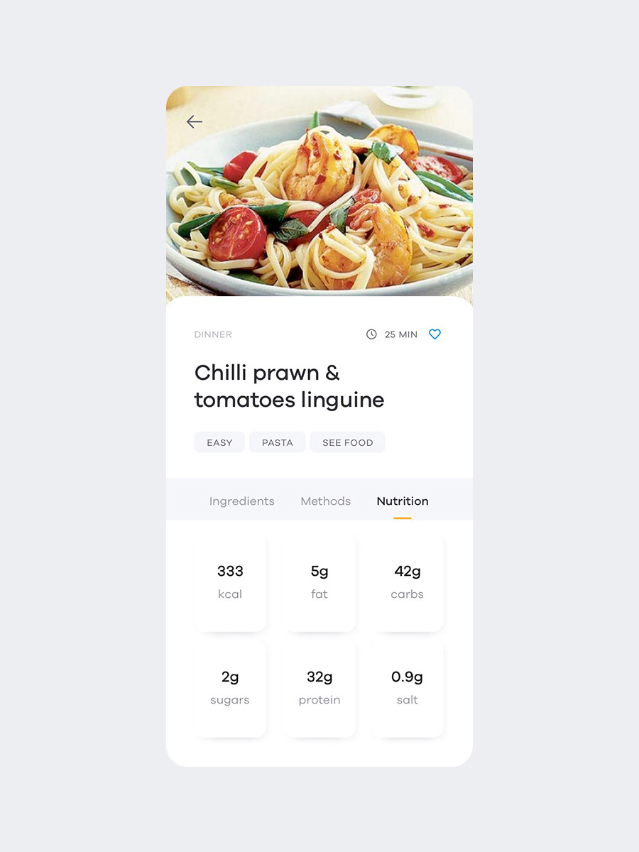 foodrush chili prawn tomato linguini recipe nutrition facts moile screen design