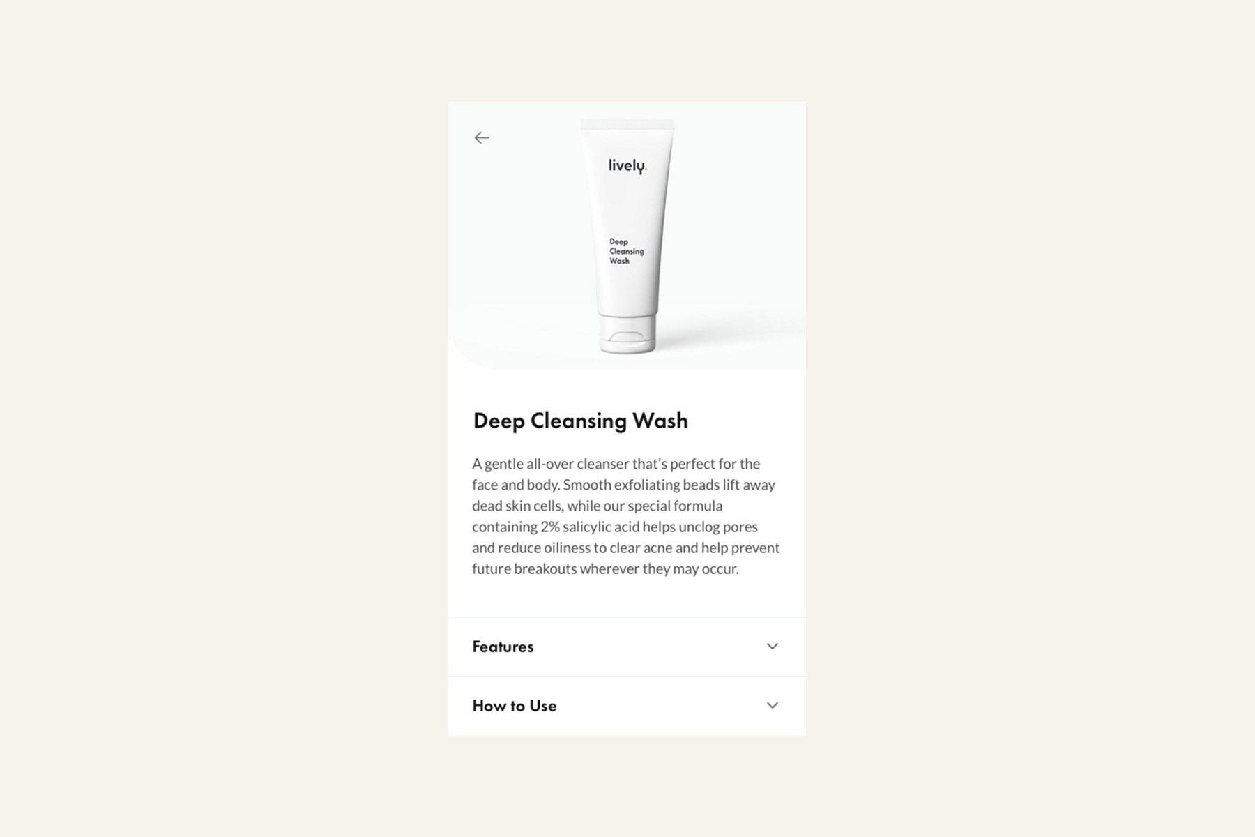 product page for Deep Cleansing Wash with bottle image and details